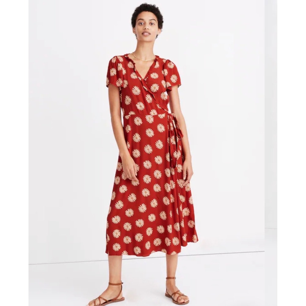 Madewell Ruffle-Edge Wrap Midi Dress Rusted Terracotta Daisy Daydream Floral M